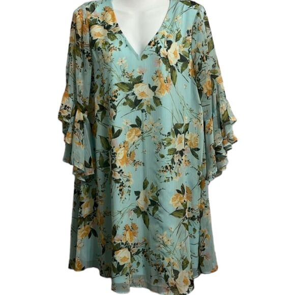 Calvin Klein Women's Mint Floral Ruffled Bell-Sleeve Chiffon Shift Dress Work - Picture 7 of 10